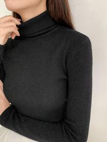 DAZY Ribbed Knit Turtleneck Jumper - Black - View 4