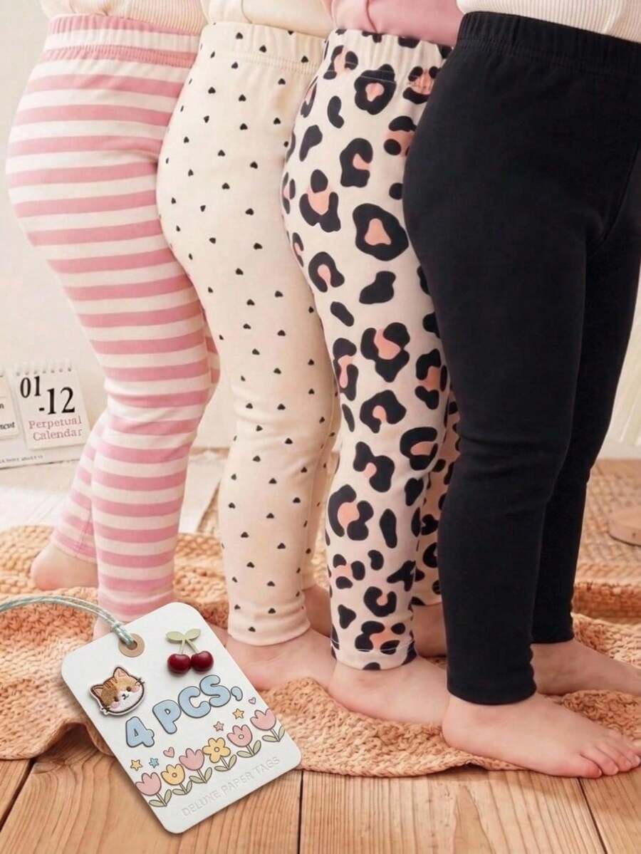 4件套女婴休闲纯色、豹纹、爱心图案、条纹打底裤，适合夏季穿着 - 彩色 - 查看 1