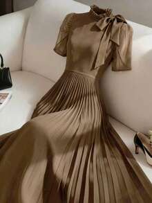 GlowEve CURVE Plus Size Women's Round Neck Ruffle Trim Bow Tie Puff Sleeve Mesh Patchwork Pleated Black Maxi Dress - Mocha Brown - View 1