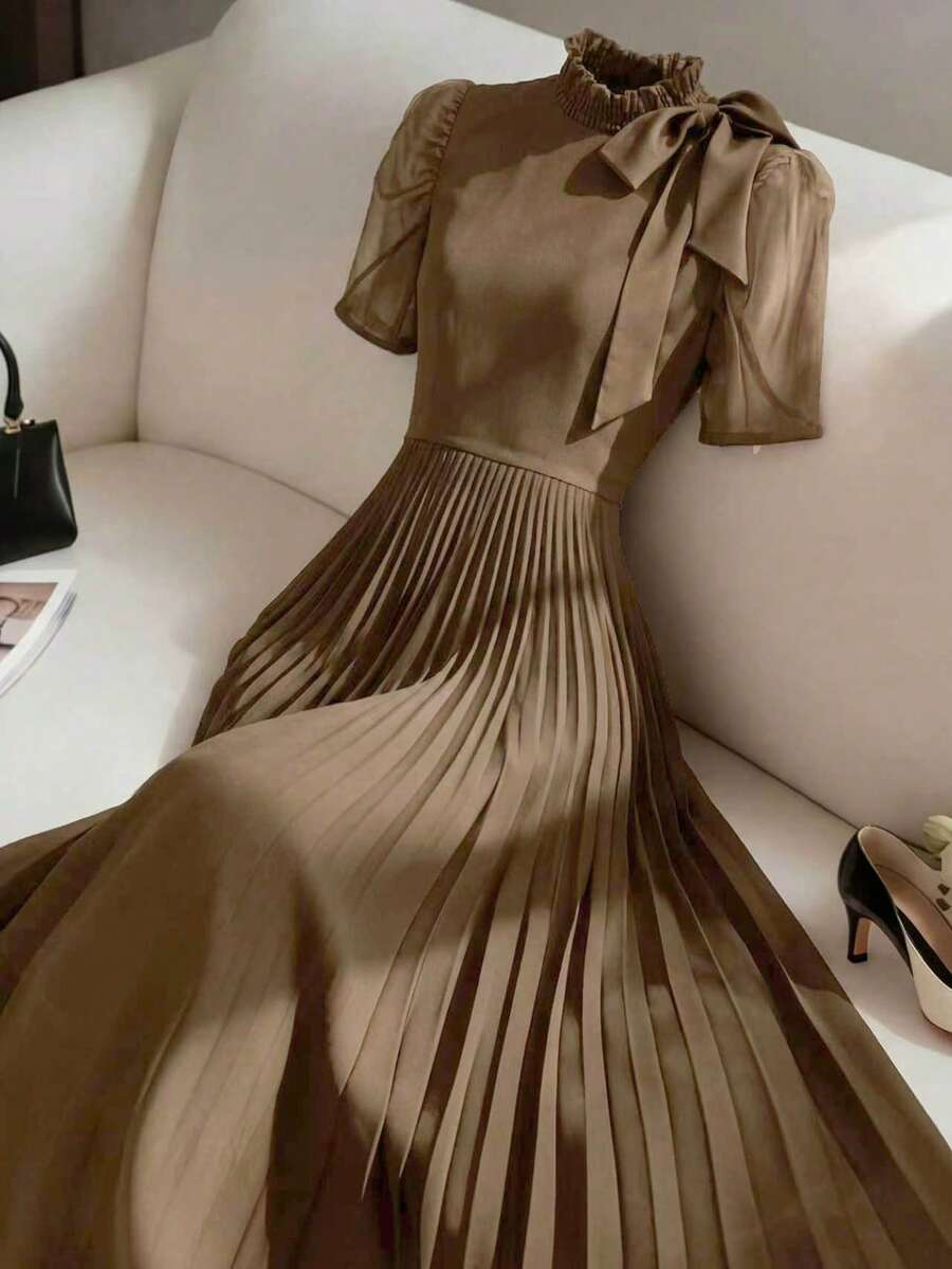 GlowEve CURVE Plus Size Women's Round Neck Ruffle Trim Bow Tie Puff Sleeve Mesh Patchwork Pleated Black Maxi Dress - Mocha Brown - View 1