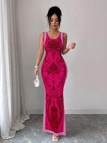 SHEIN Elenzya Exquisite Printed Chinoiserie Waist-Cinching Slit Luxurious Retro Middle Eastern UAE Style Robe, Tight Fit, Multi-Color, Sleeveless - Hot Pink - View 5