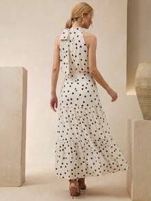 Vestido de mujer de nueva moda elegante con estampado de lunares, cuello con lazo y diseño de capas, adecuado para salidas casuales, ir al trabajo, oficina, fiestas, playa, resort, uso en verano y primavera, disponible en blanco, negro, albaricoque - Blanco - Ver 7
