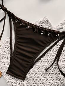Swim SXY Women's Summer Beach Solid Color Keyhole Design Halter Tie Sexy Bikini Swimwear Set - Brown - View 9