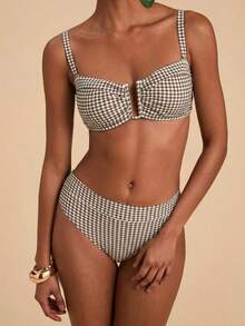 Travachic Women's Summer Beach Plaid Sexy Bikini Set - Brown - View 6