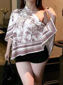 Vibekara Plus Size Women's White Summer Elegant Tea Party Printed Asymmetric Collar Batwing Sleeve Blouse,Retro Sunset Holiday Loose Fashion Hem Top,Casual - Khaki - View 6
