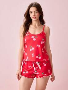 Bonmuse Damen Kirschgrafik Cami-Top mit Schleifenbändern und Rüschen-Details an Shorts, Sommer Pyjama-Set - Verschiedenfarbig - Übersicht 1