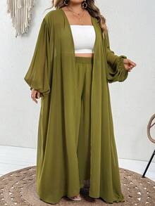 SHEIN CURVE+ Bộ đồ thường ngày cho nữ size lớn gồm áo quây camisole màu trơn, áo choàng màu trơn và quần ống rộng cạp chun - màu xanh lá - Xem 6