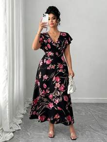 SHEIN Elenzya Plus Size Women Floral Print Ruffle Sleeve Casual Vacation Dress - Black - View 5