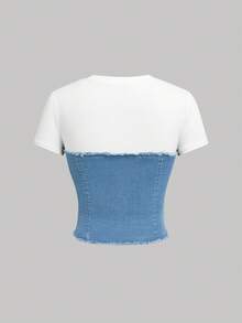 SHEIN MOD 女款休閒修身彈性牛仔拼接短袖上衣 - 淺色水洗藍 - 查看 2