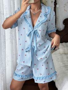 CottageSlumber Cherry Plaid Print Patchwork Solid Color Ruffle Bow Romantic Women Pajama Set - Multicolor - View 5