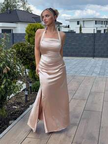Jeta Ari Đầm cami ôm sát màu champagne thanh lịch, chất liệu satin co giãn, xẻ tà bên, dáng maxi dài đi tiệc - Rượu sâm banh - Xem 4