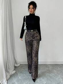 SHEIN Raffinéa Leopard Print Straight Leg Casual High Waist Loose Wide Leg Cargo Pants - Multicolor - View 4