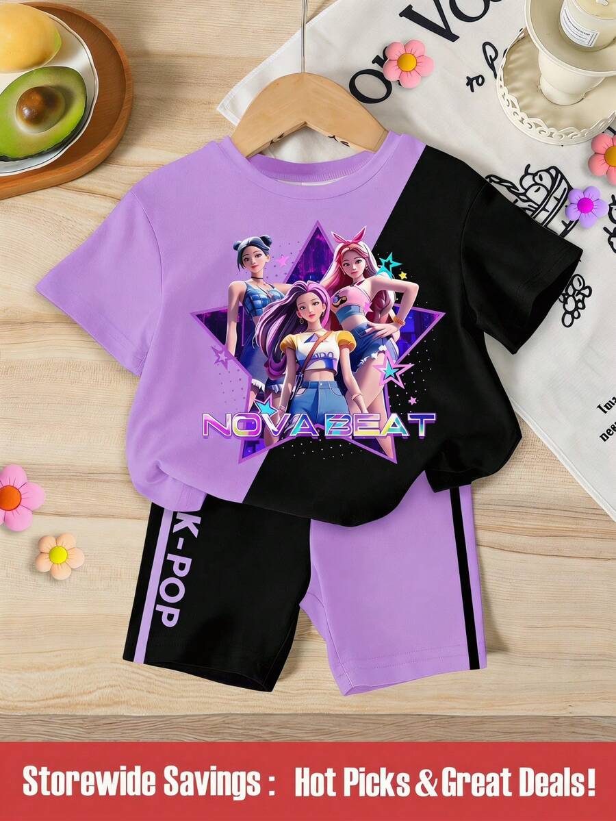 SHEIN 一套少女休闲卡通韩流女孩图案紫色和黑色撞色印花短袖圆领T恤和短裤套装,适合春夏外出穿着。 - 彩色 - 查看 1