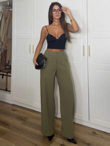 Ronhire Pantalones rectos y sueltos de cintura baja de color liso informal - Verde militar - Ver 6