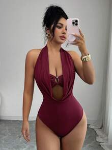 Elenzga 女士时尚性感露背吊带连体衣 - 酒紅色 - 查看 6