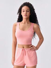 Loungeista 3 pezzi/set pigiama da donna con top senza maniche e pantaloncini, in poliestere sottile tinta unita, set di abbigliamento da casa minimalista e confortevole, adatto per primavera/estate, nero/grigio/rosa 6 pezzi - Multicolore - Visualizzare 1