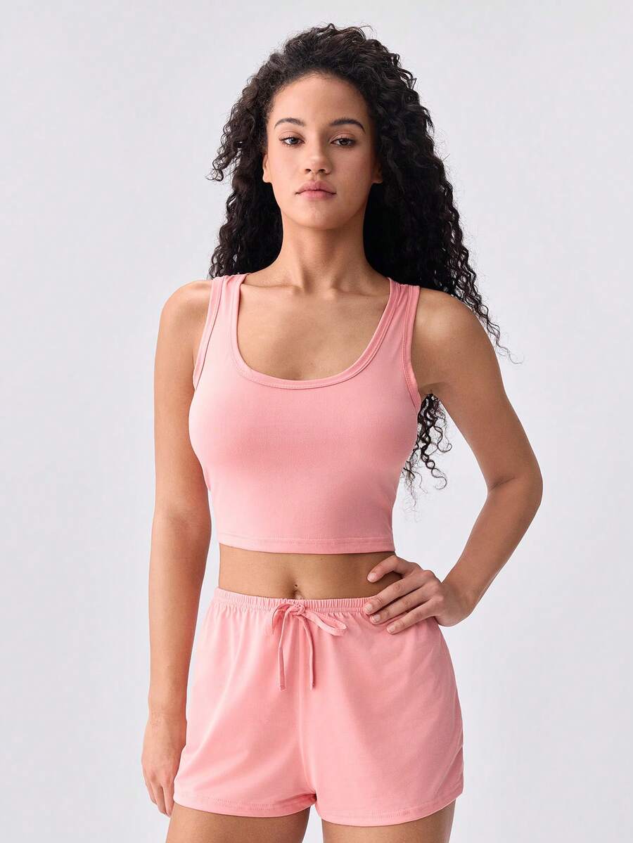 Loungeista 3 pezzi/set pigiama da donna con top senza maniche e pantaloncini, in poliestere sottile tinta unita, set di abbigliamento da casa minimalista e confortevole, adatto per primavera/estate, nero/grigio/rosa 6 pezzi - Multicolore - Visualizzare 1