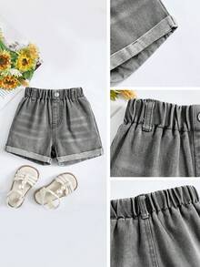 SHEIN Playful Pals 女童牛仔短裤，夏季新品，中度水洗灰，甜美休闲度假时尚街头风，百搭简约，全松紧腰带，卷边宽松牛仔短裤，柔软舒适棉质牛仔面料，无弹力，适合日常外出、聚会、上学通勤，2026春夏新款 - 淺灰色 - 查看 3