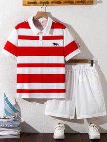 SHEIN 2pcs/Set Teen Boy Casual Color Block Polo Shirt & Shorts Set,Summer,Beach Resort Wear Preppy Two Pieces Outfit,Suitable For Schooling & Daily Wear - Multicolor - View 2