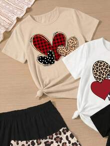 SHEIN Sparklyn (3 Random Item From 5) Summer Girl's Big Boy Grid Ripple Dot Leopard Pattern Love Pattern Printed Basic Short T+Shorts Set Six Piece Set - Multicolor - View 6