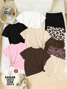 (Random 5 Sets, Send 3 Set) Baby Girl Fashion Fresh Leopard Pattern Puzzle Style Letter Printing Casual Style Basic Short T Plus Cycling Pants Set - Multicolor - View 2