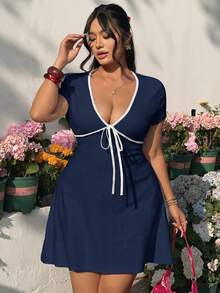GalTyme Plus Size Women's Sexy V-Neck Tie-Front Ruffle Sleeve Fitted Summer Vacation Dress - Navy Blue - View 2