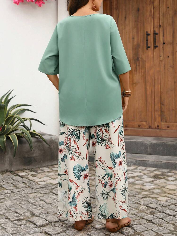 2pcs/Set Plus Size Solid Color Loose Casual Summer Green Top Shirt Blouse And Floral Print Wide Leg Pants 2 Pieces Set With Pockets,,Going Out Outfits,Festa Junina