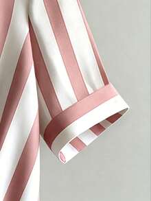 GlowEve CURVE Plus Size Woven Blue & White Striped Asymmetrical Hem Short Sleeve Casual Shirt - Dusty Pink - View 5