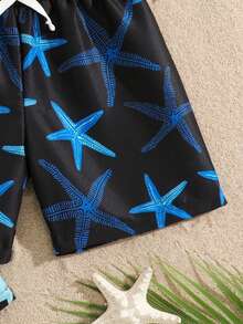 3 piezas Pantalones cortos de baño informales con cordón para niños pequeños - Negro - Ver 4