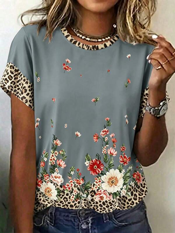 EMERY ROSE Plus Size Women Summer Grey Floral & Leopard Print Round Neck Short Sleeve T-Shirt Retro Top