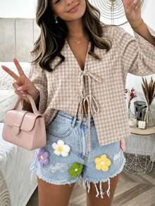 EMERY ROSE Women's Solid Color Front Tie Long Sleeve Casual Blouse Women Shirt - Multicolor - View 4