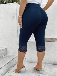 EMERY ROSE Plus Size Women Lace Patchwork Casual Versatile Daily Wear Leggings - Navy Blue - View 3