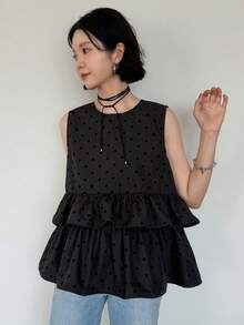 FRIFUL 女款夏季波點百褶層次荷葉邊無袖寬鬆休閒百搭可愛上衣 - 黑色 - 查看 6