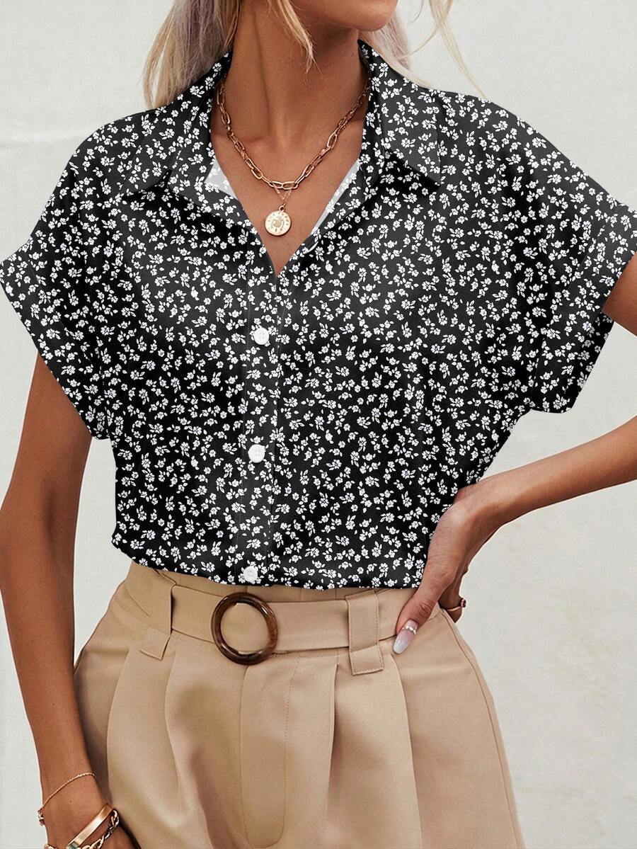 SHEIN Frenchy Women's Summer Casual Ditsy Floral Button Front Batwing Sleeve Blouse