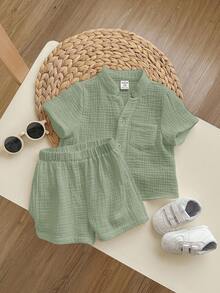 2pcs Baby Solid Color Round Neck Short Sleeve Cardigan Top And Elastic Waist Shorts Set, For Baby Boy Or Baby Girl,Kids - Mint Green - View 3