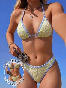 Swim Mod 3pcs Floral Embroidery Bikini Set, Plaid Contrast Color Halter Triangle Cup Swimwear For Women - Light Yellow - View 1