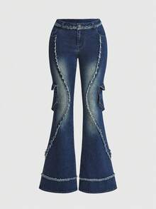 ROMWE Women's Pocketed Button Fly Casual Y2k Flare Jeans, Versatile For Daily Wear Holiday Evening Night Out Navy Blue Summer - Blue - View 1