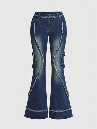 ROMWE Avant Jeans casual a zampa di donna con bottoni e tasche, versatili per l'uso quotidiano