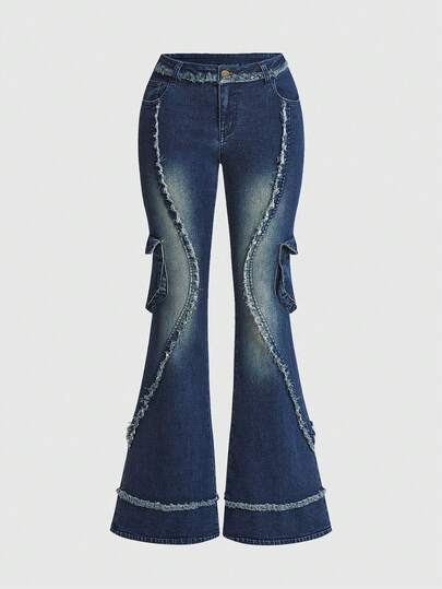 ROMWE Avant Jeans casual a zampa di donna con bottoni e tasche, versatili per l'uso quotidiano