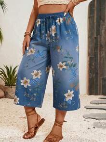 SHEIN VCAY Plus Size Women Casual Denim Effect Print Loose 3/4 Pants - Blue - View 4