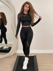 BamGleam Flocked & Mesh Patchwork Drawstring Hoodie And Pants Seamless Sports Suit Workout Women Set Women Leggings Set - Black - View 5