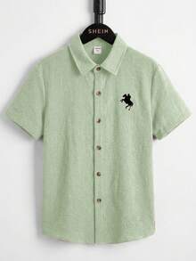 SHEIN Tween Boy Casual Minimalist Comfortable Polo Collar Short Sleeve Shirt - Mint Green - View 3