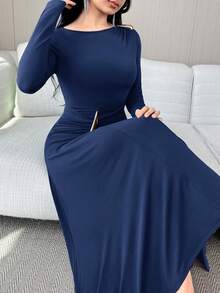 Modelyn 女士纯色金属装饰长袖褶皱优雅中长连衣裙 - 藏蓝色 - 查看 6