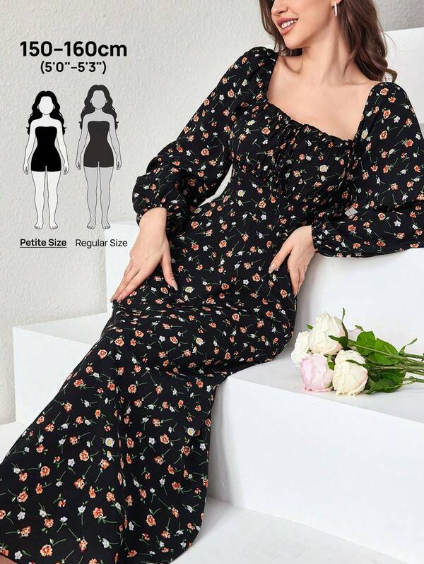Modelyn Petite Đầm nữ dáng chữ A tay dài họa tiết sóng nước dệt màu đen, thanh lịch & lãng mạn, xuân/hè