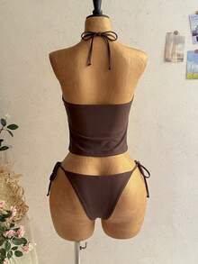 Soleia Women's Floral Print Halter Neck Bikini Set - Coffee Brown - View 2