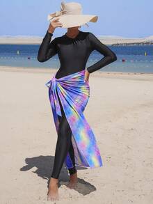 Swim Shayni Women's 3-Piece Set Shell Pattern Position Print Summer Beach Vacation Outfit, Wrinkled Round Neck Long Sleeve Half-Zip One-Piece And Long Pants With Side Tie Mesh Skirt, Elegant Mature Burkini - Green - View 4