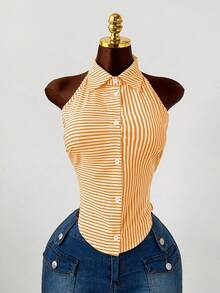 Sunspun Plus Size Women Casual Halter Neck Striped Hollow Out Shirt, Blue & White, Comfortable For Spring & Summer - Yellow - View 3