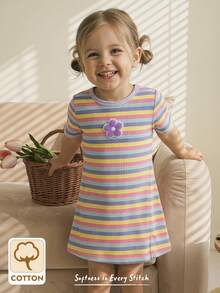 Cozy Pixies Đầm dệt kim tay ngắn cổ tròn phối họa tiết hoa nhiều màu sắc cho bé gái, kiểu dáng ngọt ngào và dễ thương, thích hợp cho mùa hè, đi chơi thường ngày, phù hợp cho mọi dịp. - Nhiều màu - Xem 1