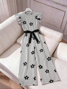 SHEIN Tween Girls Ruched Collar, Detachable Waist Belt, Polka Dot Pleated Jumpsuit, Featuring Flutter Sleeves, Ruffle Collar. Suitable For Elegant Casual, Holiday, Party, Shopping - Black and White - View 5