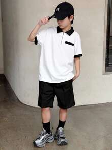 SHEIN 两件套男童休闲校服/学院撞色拼接 Polo 领衬衫短裤套装，适合通勤、上学、日常休闲、运动、春夏穿着。 - 黑色 - 查看 7